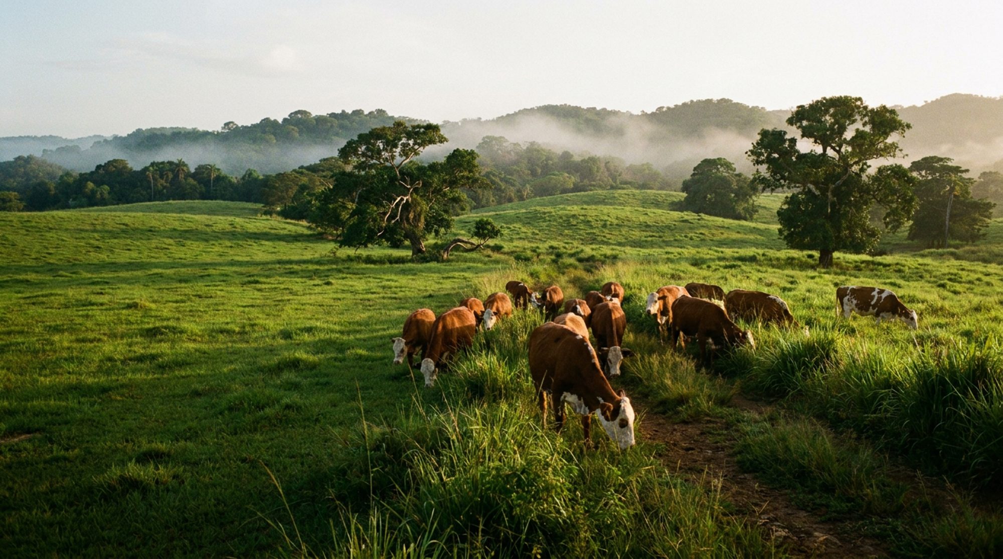 Campo abierto de la finca, hierba alta, cielo amplio